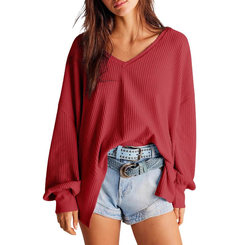 NORA™ - Blusa de punto waffle para mujer con cuello en V, manga farol y corte oversize