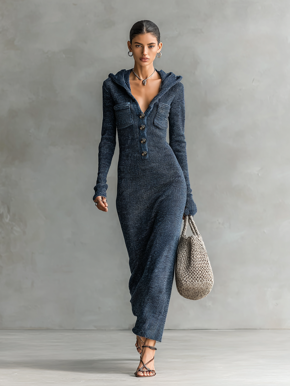 Vestido longo de tricô feminino com capuz e corte ajustado MDA1451H6Y