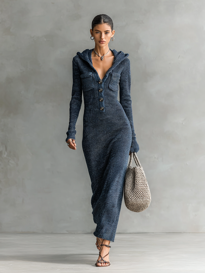 Vestido longo de tricô feminino com capuz e corte ajustado MDA1451H6Y