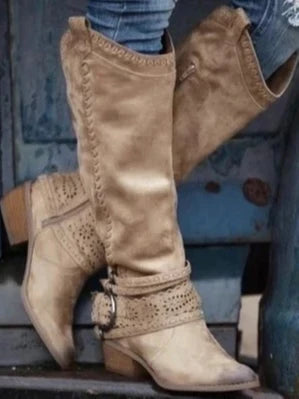 Edith | Damen-Stiefel zum Hineinschlüpfen mit runder Zehenpartie, kniehoch, mit Schnallenriemen und Reißverschluss