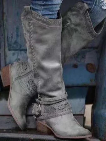 Edith | Damen-Stiefel zum Hineinschlüpfen mit runder Zehenpartie, kniehoch, mit Schnallenriemen und Reißverschluss
