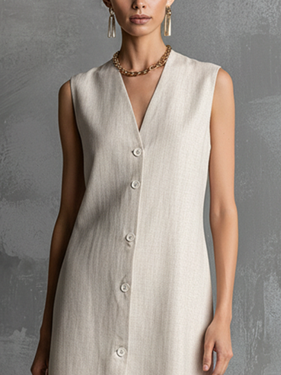 Vestido midi feminino marfim de algodão e linho, sem mangas, com decote em V e fechamento frontal com botões