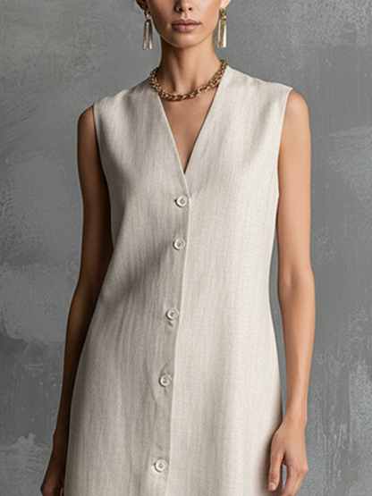 Vestido midi feminino marfim de algodão e linho, sem mangas, com decote em V e fechamento frontal com botões