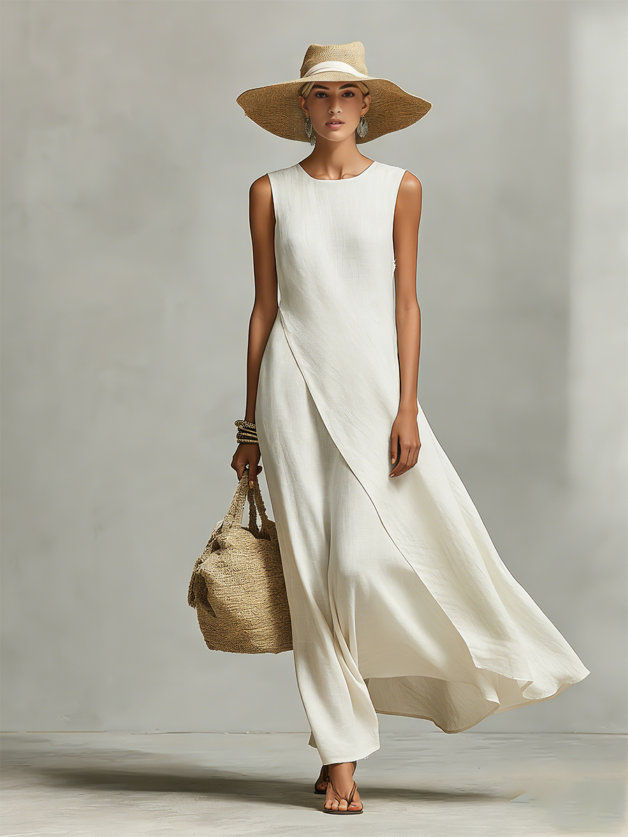 Women's Ivory Breathable Linen Dress With Sleeveless Detail & Asymmetric Hem, Contemporary Casual-Feminine Style Dress