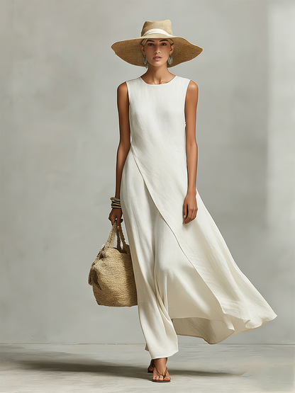 Women's Ivory Breathable Linen Dress With Sleeveless Detail & Asymmetric Hem, Contemporary Casual-Feminine Style Dress