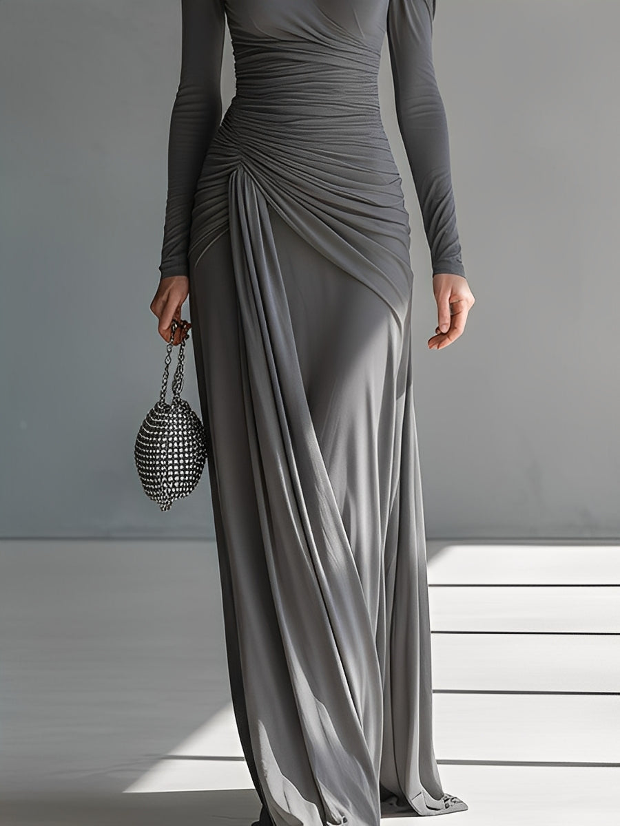 Women's Grey Silky Stretch Sophisticated Ruched Detail Cut-Out Maxi Dress
