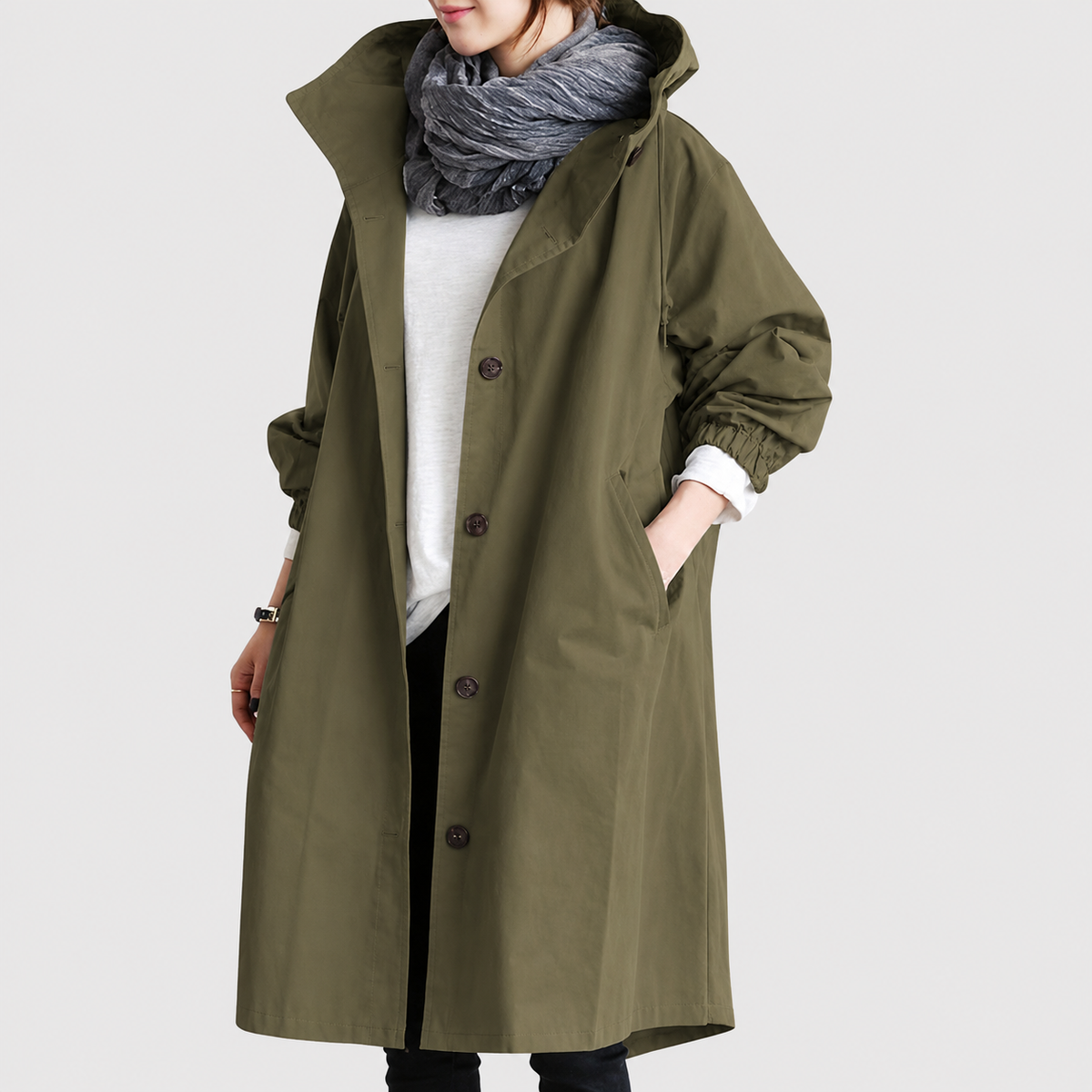 Emmie Hooded Trench Coat with Patch Pockets and Yoke