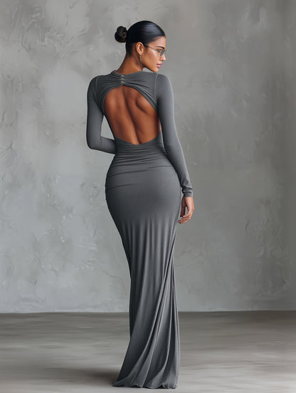 Elegantes graues Stretch-Maxikleid für Damen aus einer Polyester-Baumwoll-Mischung mit gerafftem Rückenausschnitt