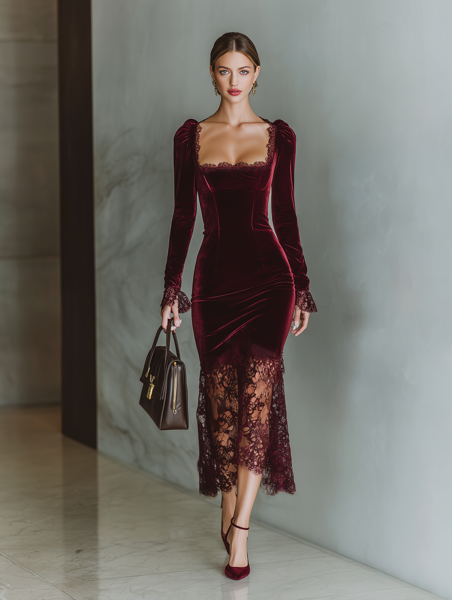 Damen-Maxikleid aus bordeauxrotem Samt und Spitze mit figurbetontem Schnitt