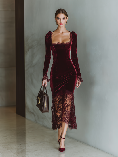 Damen-Maxikleid aus bordeauxrotem Samt und Spitze mit figurbetontem Schnitt