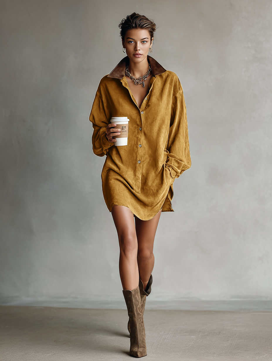 Einfaches, locker geschnittenes Damen-Minikleid aus Leder und Veloursleder mit Revers und Einsätzen