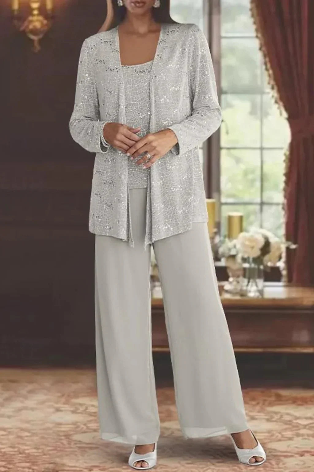 Evie | Conjunto de calça de três peças com lantejoulas e renda, perna larga, para convidadas de casamento
