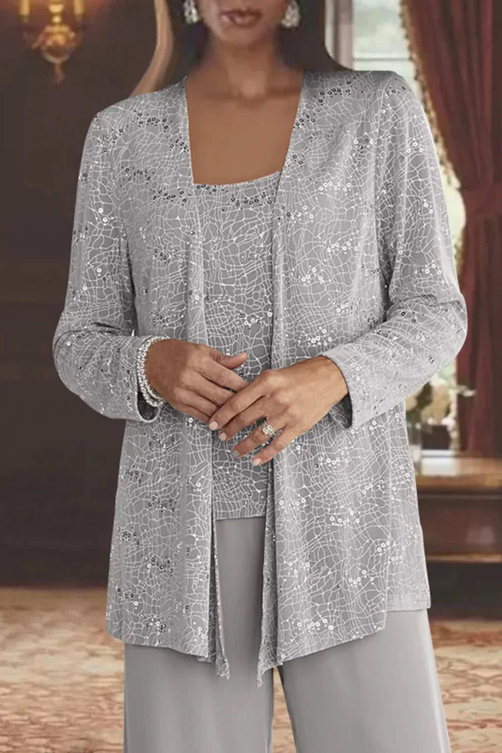 Evie | Conjunto de calça de três peças com lantejoulas e renda, perna larga, para convidadas de casamento