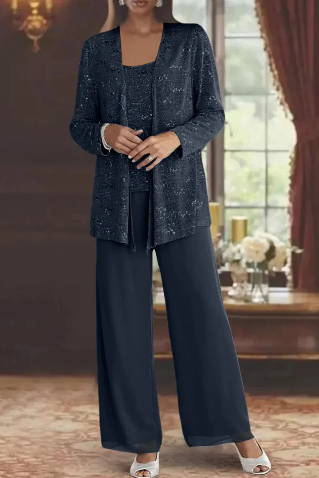 Evie | Conjunto de calça de três peças com lantejoulas e renda, perna larga, para convidadas de casamento