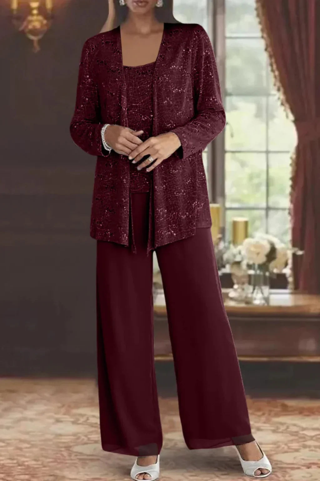 Evie | Conjunto de calça de três peças com lantejoulas e renda, perna larga, para convidadas de casamento