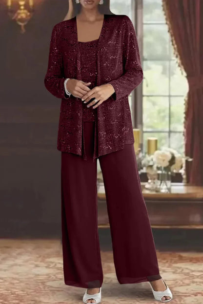 Evie | Conjunto de calça de três peças com lantejoulas e renda, perna larga, para convidadas de casamento