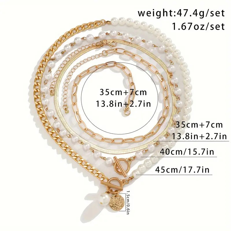 Juego de collares vintage de perlas y cadena de serpiente dorada | Dorado