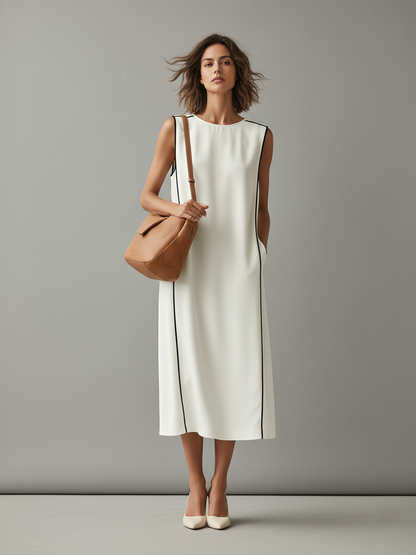 Weißes Damenkleid aus Baumwolle mit kontrastierenden Paspeln und Seitentaschen, zeitloser, minimalistischer und eleganter Stil