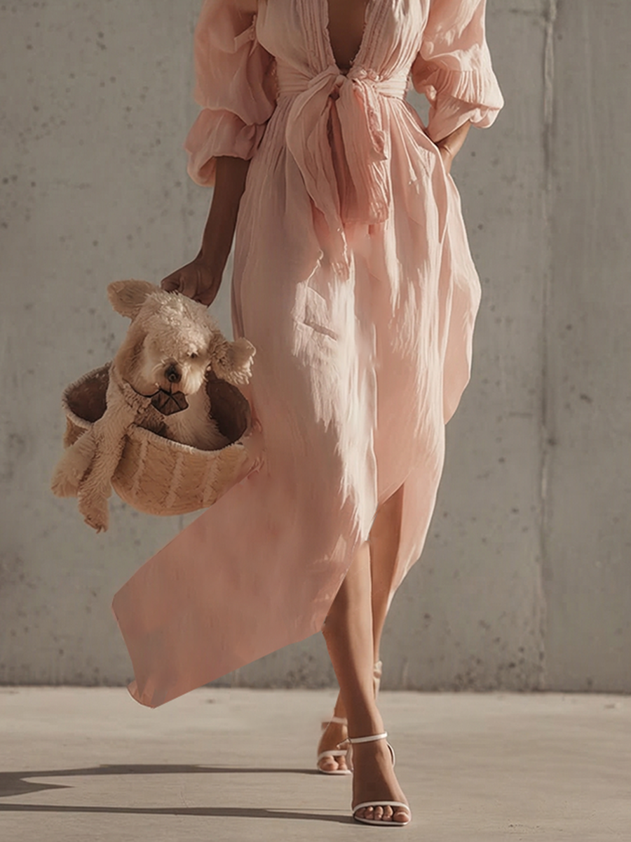 Women's Blush Cotton Dress With Puffed Sleeves & Self-Tie Waist, Timeless Boho-Romantic Style Dress