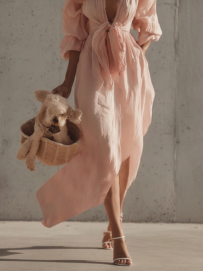 Women's Blush Cotton Dress With Puffed Sleeves & Self-Tie Waist, Timeless Boho-Romantic Style Dress