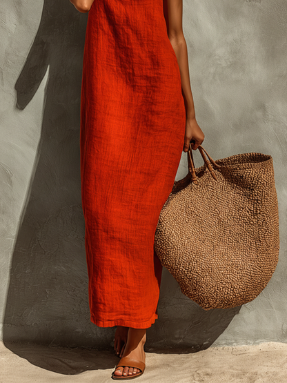 Rød hørkjole til kvinder med spaghettistropper og firkantet halsudskæring, tidløs boho-resort-kjole