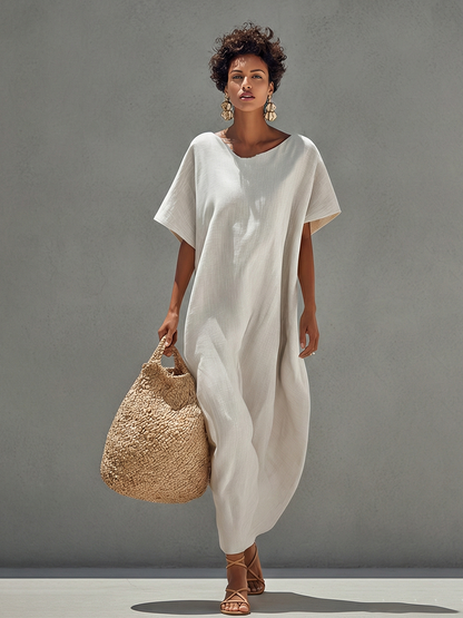 Weißes Leinenkleid für Damen mit legerer Passform und minimalistischem Design – zeitloser Resort-Casual-Stil