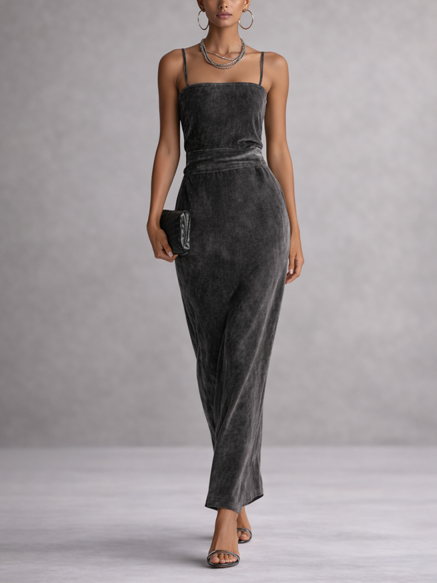 Women's Grey Velvet Square Neck Spaghetti Strap High Waist Long Dress