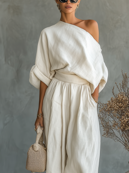 Lisa | Blødt off-shoulder sæt med top og tilspidsede bukser