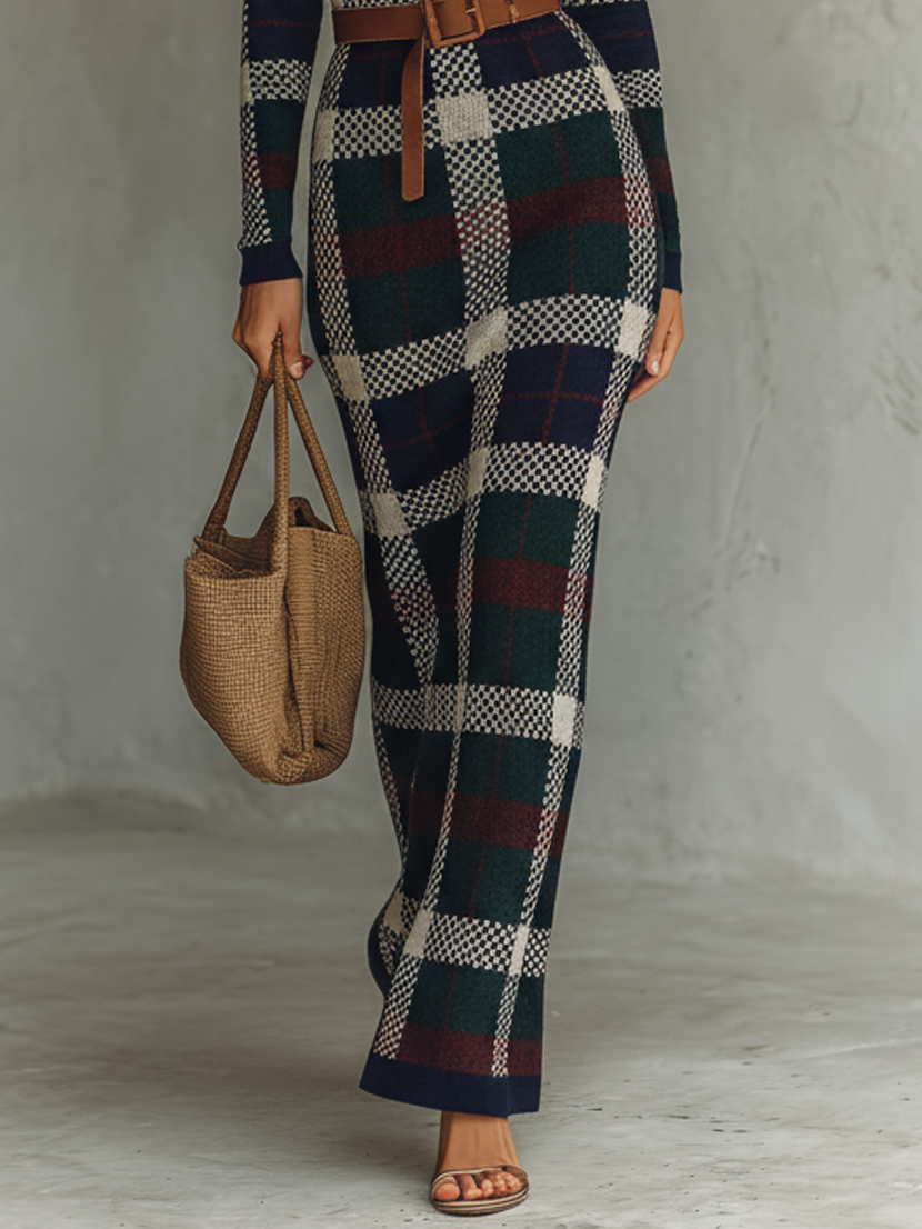 Vestido feminino minimalista longo de tricô xadrez, com cinto e decote quadrado