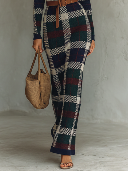 Vestido feminino minimalista longo de tricô xadrez, com cinto e decote quadrado