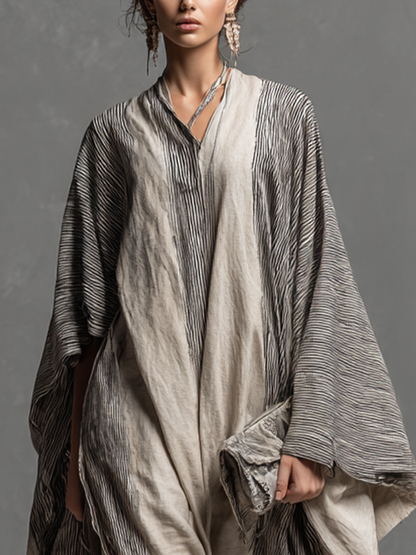 Vestido longo tipo kaftan feminino oversized, listrado, de algodão e linho, com decote em V e estilo boho