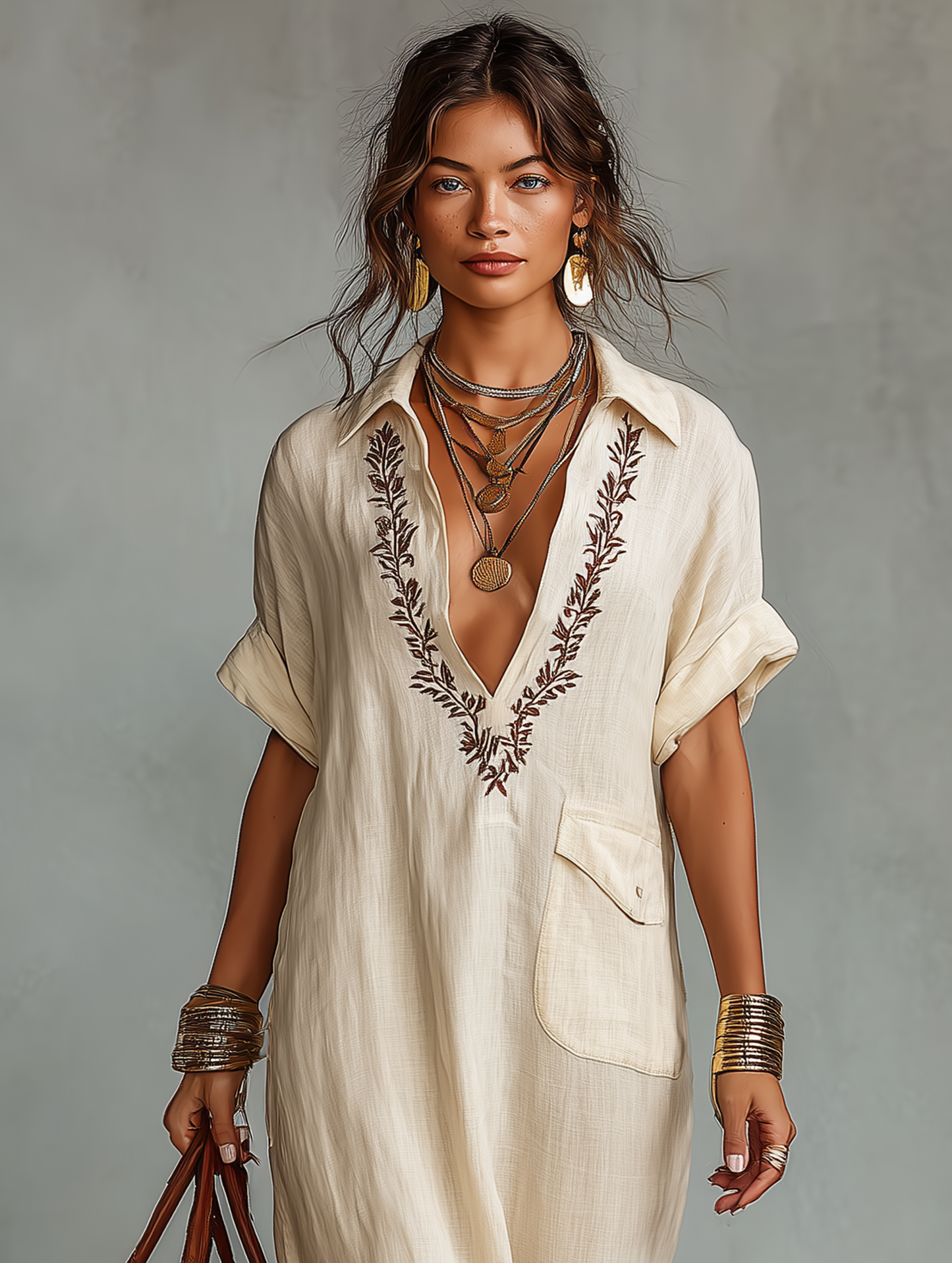 Vestido largo camisero minimalista para mujer, de mezcla de lino, con bordado y mangas cortas