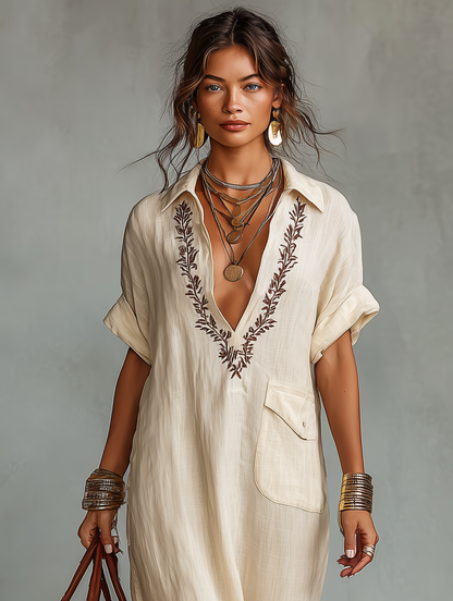 Vestido largo camisero minimalista para mujer, de mezcla de lino, con bordado y mangas cortas