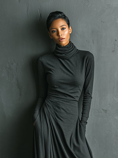 Vestido largo drapeado elegante de cuello alto para mujer, en color gris carbón, de mezcla elástica de poliéster y algodón