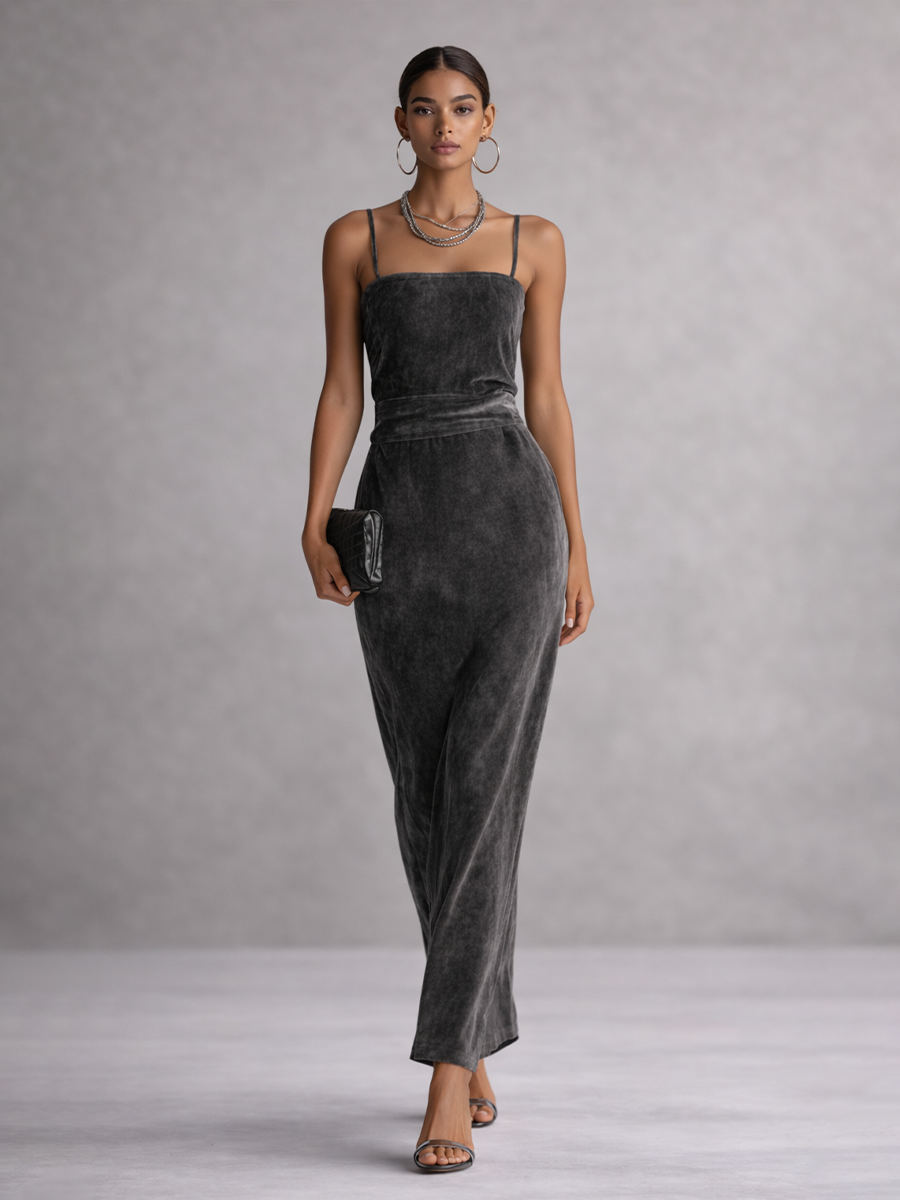 Women's Grey Velvet Square Neck Spaghetti Strap High Waist Long Dress