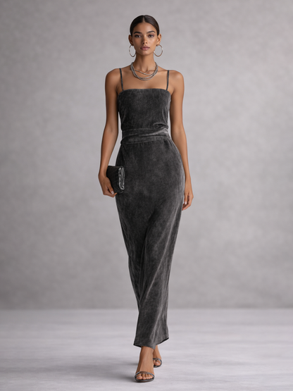 Women's Grey Velvet Square Neck Spaghetti Strap High Waist Long Dress