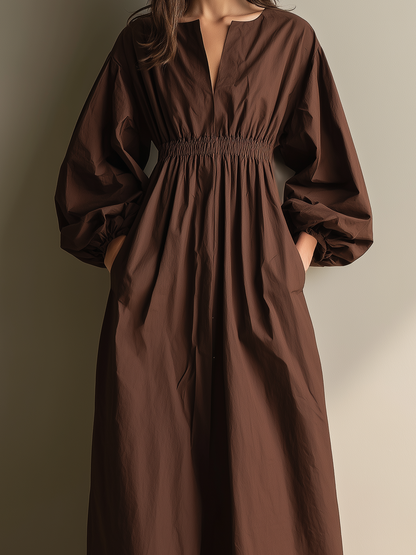 Women's Casual Brown Cotton And Linen V-neck Long-sleeved Maxi Dress With Elastic Waist