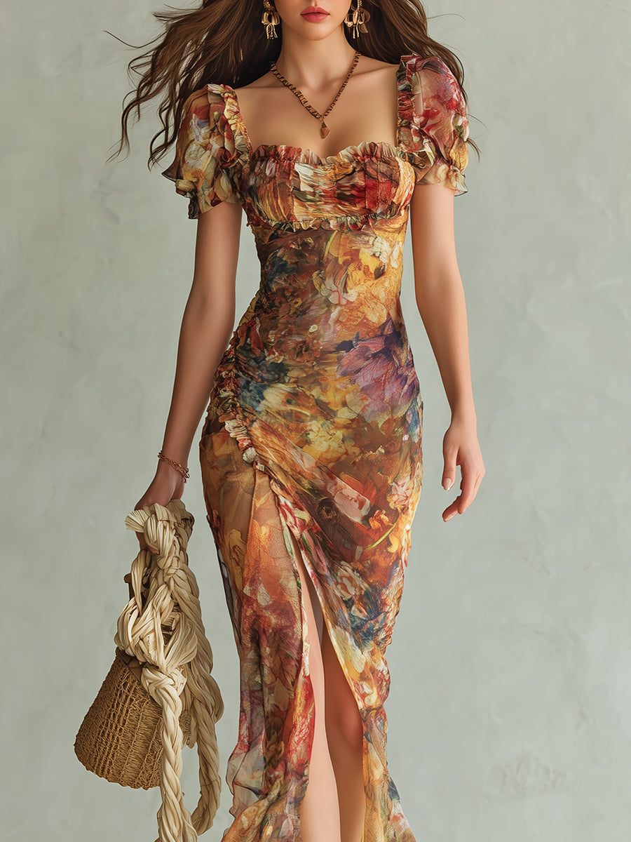 Boho Holiday oljemaleri trykt chiffon maxi-kjole