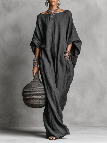Women's Loose Cotton And Linen Batwing Sleeve Maxi Dress