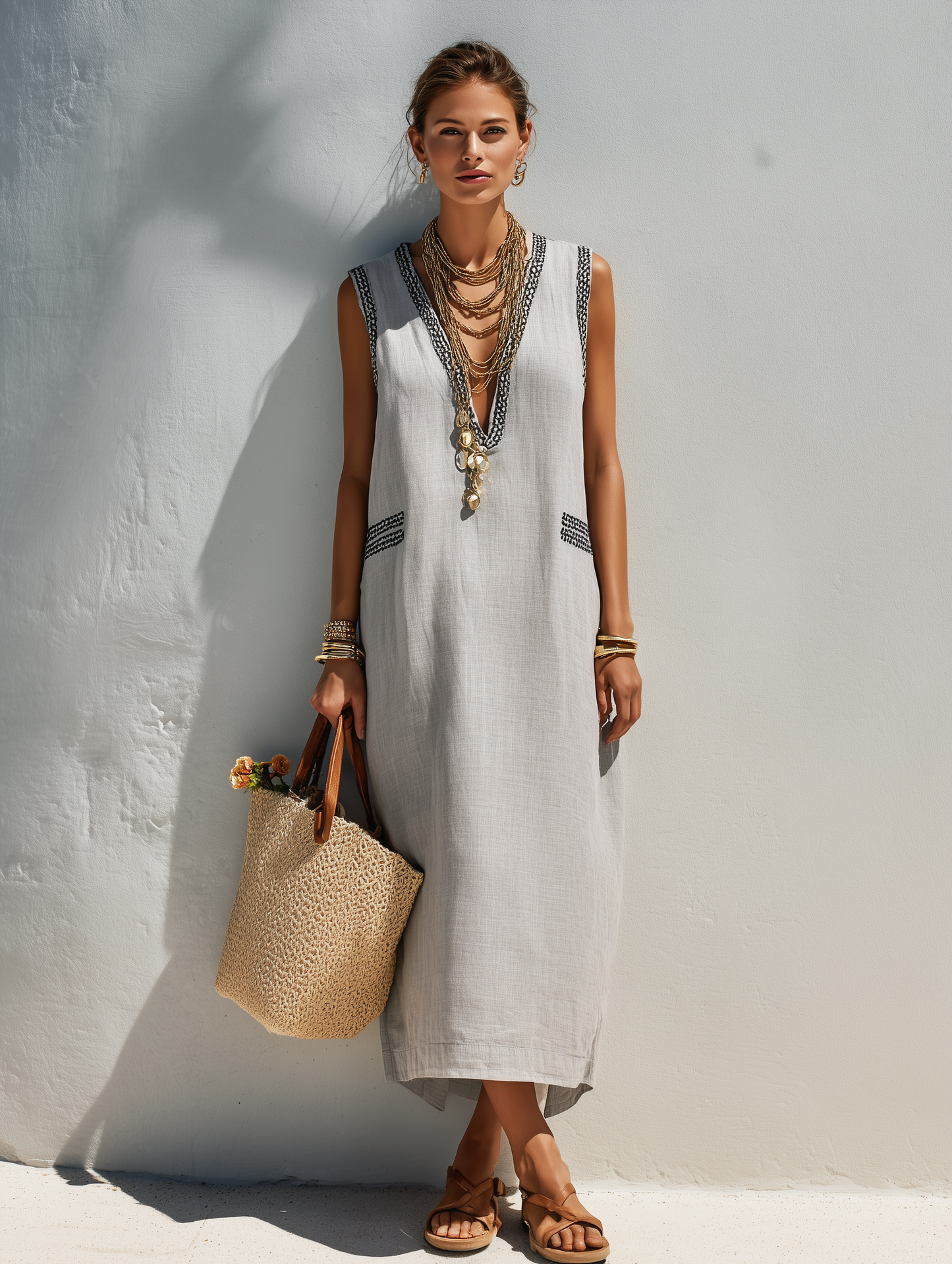 Women's Casual Cotton Linen Embroidered Light Gray V-Neck Sleeveless Straight Long Dress