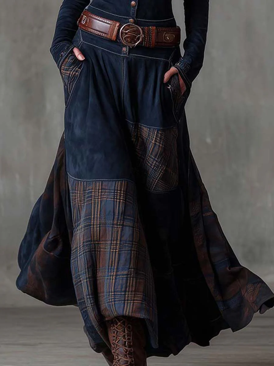 Vestido longo vintage de camurça azul-marinho com painéis xadrez (com cinto)