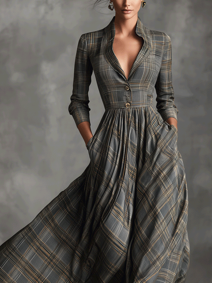 Damen-Maxikleid in Grau mit elegantem Tartanmuster aus Leinenmischgewebe und ausgestelltem Schnitt