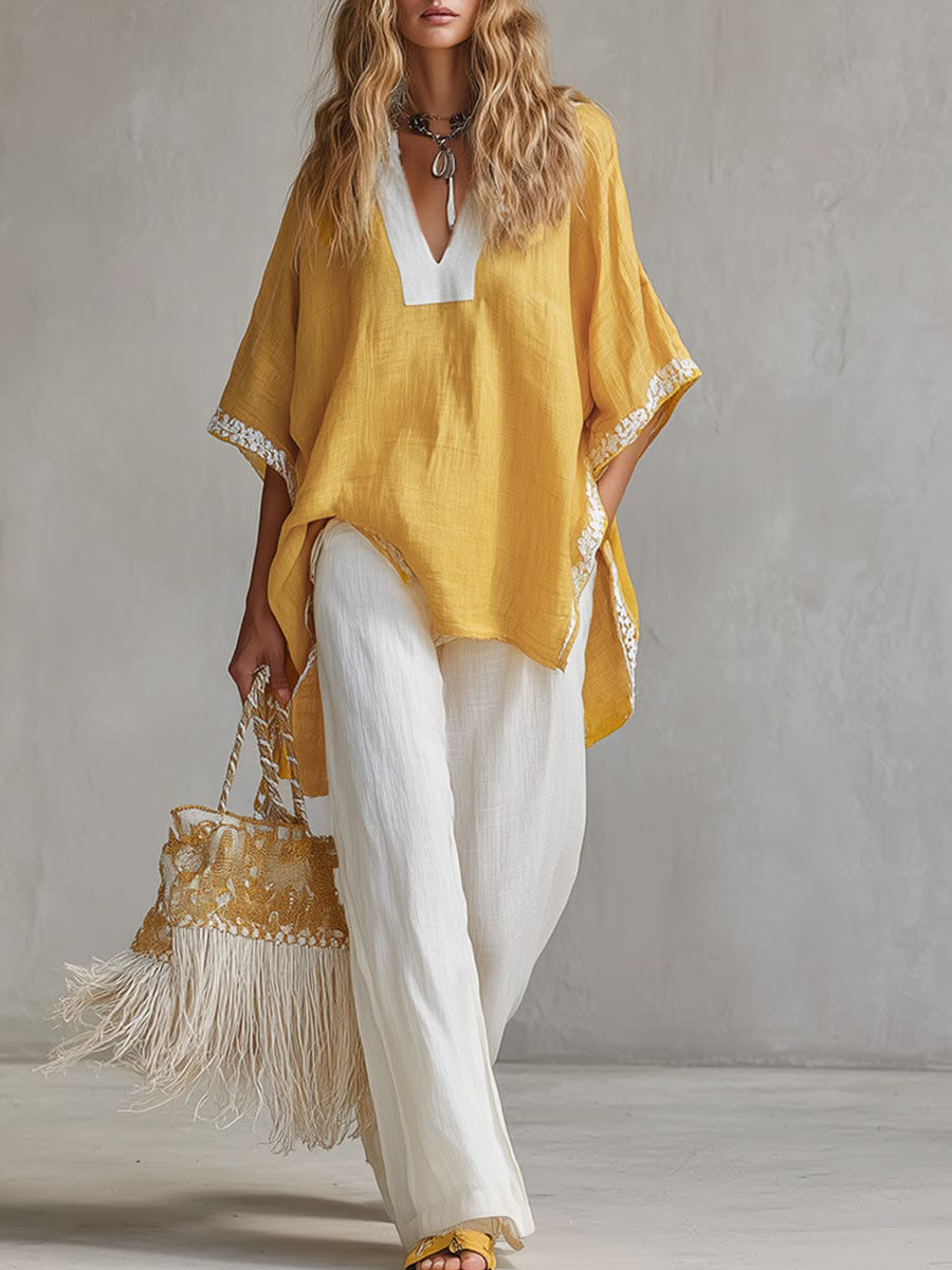 Jane | Women's Embroidered Pattern Print V-neck Cotton-linen Top