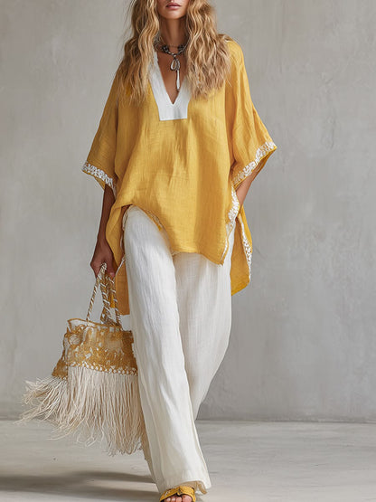 Jane | Women's Embroidered Pattern Print V-neck Cotton-linen Top