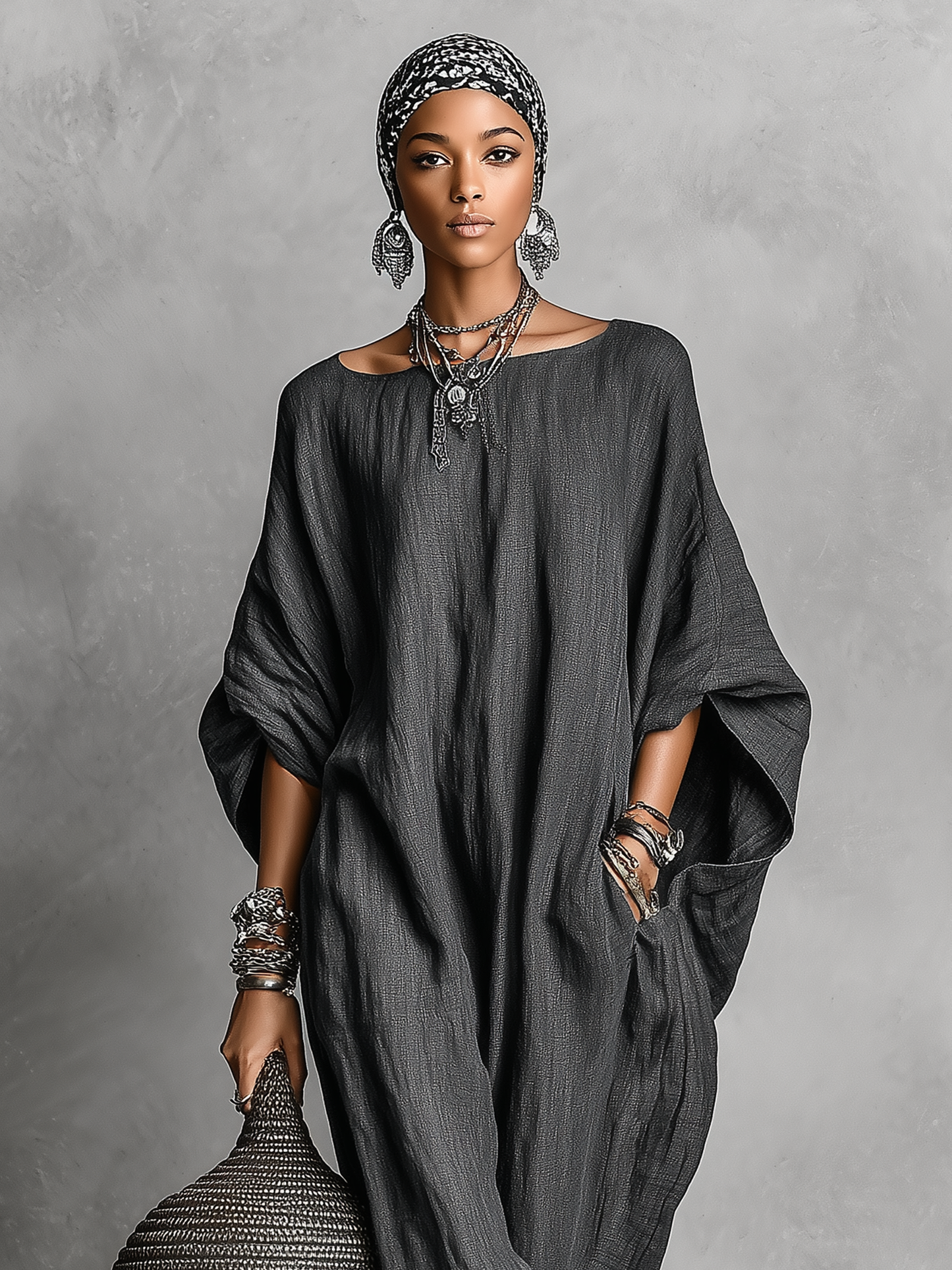 Women's Loose Cotton And Linen Batwing Sleeve Maxi Dress