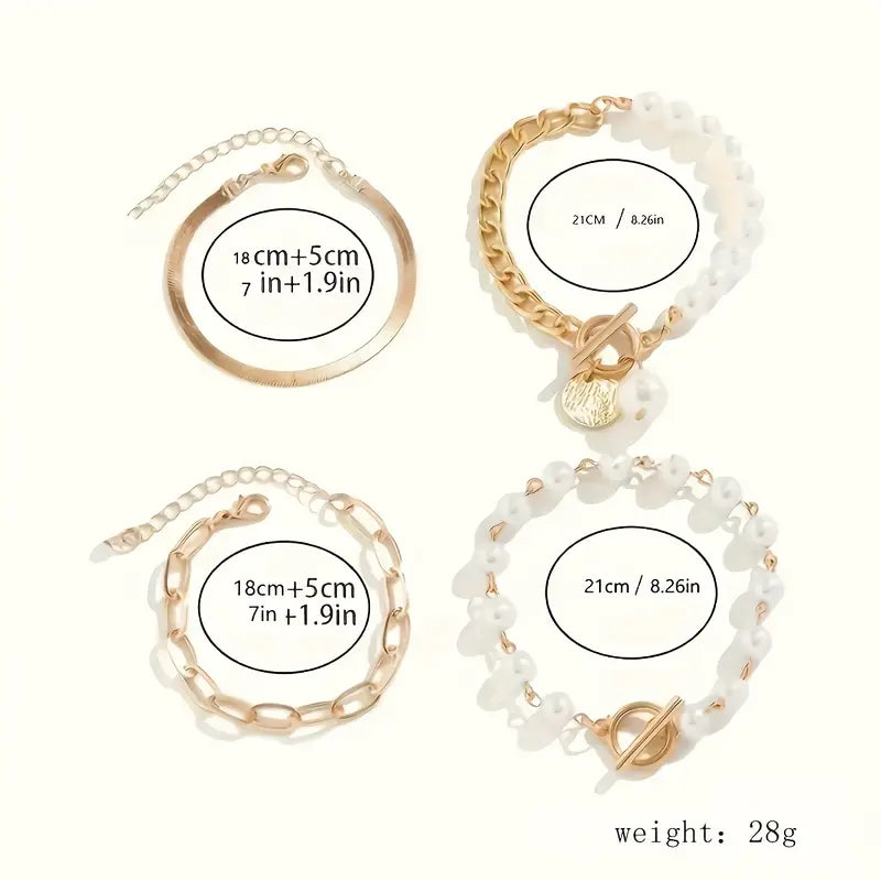 Conjunto chique de 4 pulseiras douradas – cobra, pérolas e elos | Dourado