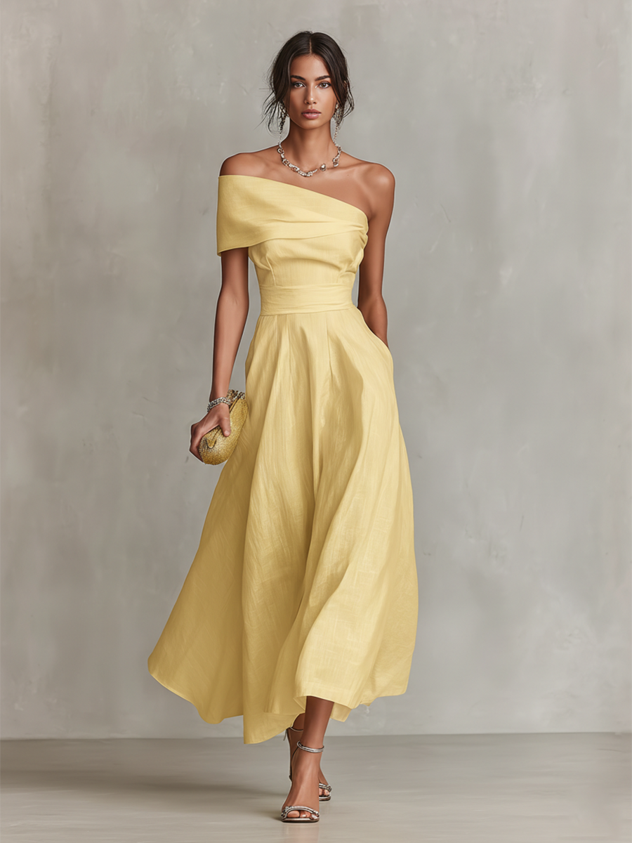 Gelbes Damen-Leinenkleid mit One-Shoulder-Ausschnitt und taillierter Passform, zeitlos eleganter Chic-Stil