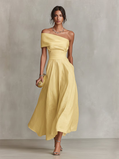 Gelbes Damen-Leinenkleid mit One-Shoulder-Ausschnitt und taillierter Passform, zeitlos eleganter Chic-Stil