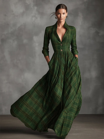 Damen-Maxikleid in Grau mit elegantem Tartanmuster aus Leinenmischgewebe und ausgestelltem Schnitt