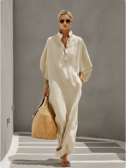 Women's Oatmeal Linen Dress With Mandarin Collar & Dolman Sleeves, Timeless Resort-Casual Style Dress
